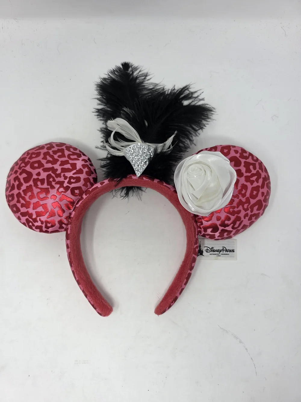 Disneyland Paris Pink Leopard Minnie Mouse Ears Feather Plume Rose Headband